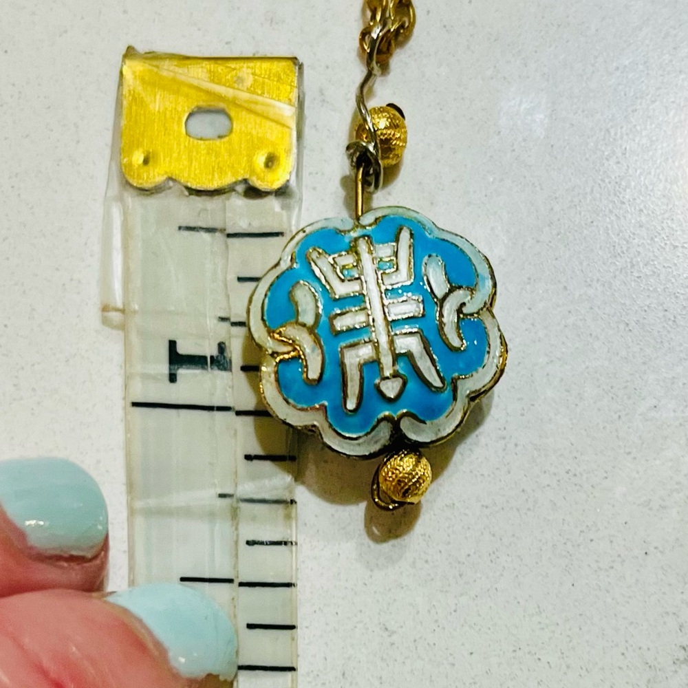Vintage Cloisonné Enamel Necklace – Robin’s-Egg Blue & Gold Longevity Symbol - Picture 2 of 11